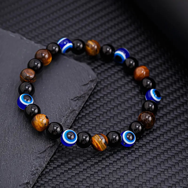 Triple Protection Evil Eye Charm Bracelet – Tiger Eye, Obsidian, and Hematite
