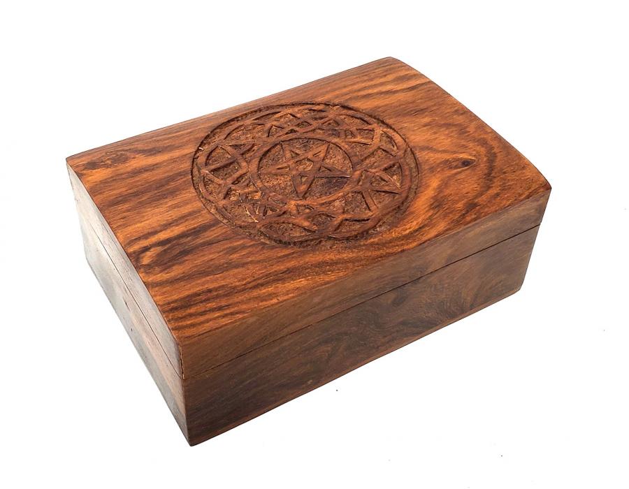 Pentacle in Celtic Circle Carved Wood Box 4 x 6"