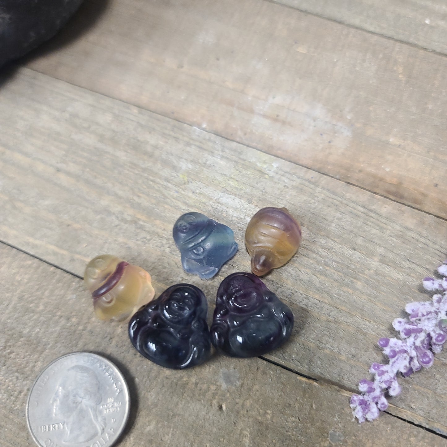 Fluorite Carvings Buddha, Penguin and Turtle