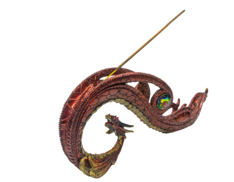 Polyresin Incense Holder - Red Dragon Curved w/ Gem