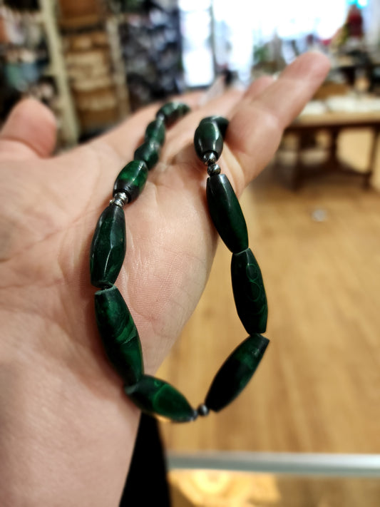 Vintage 16" Malachite Necklace with Oblong Graduated Beads