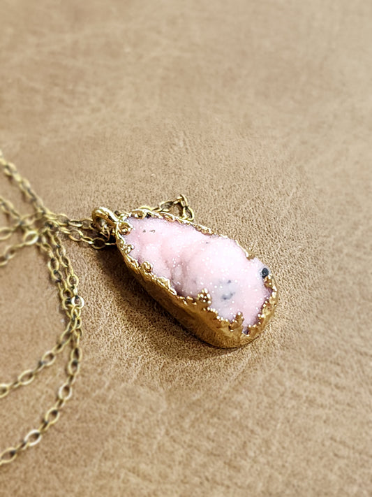 Gold and Pink Aragonite Druzy Pendant on 18" Gold Chain