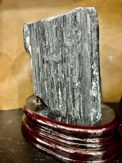 Black Tourmaline Specimen on Wood Stand