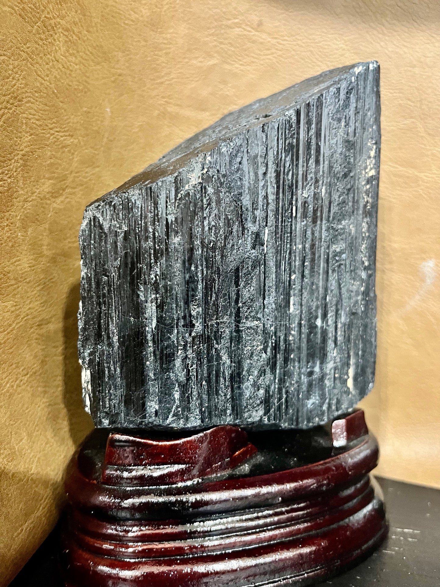 Black Tourmaline Specimen on Wood Stand