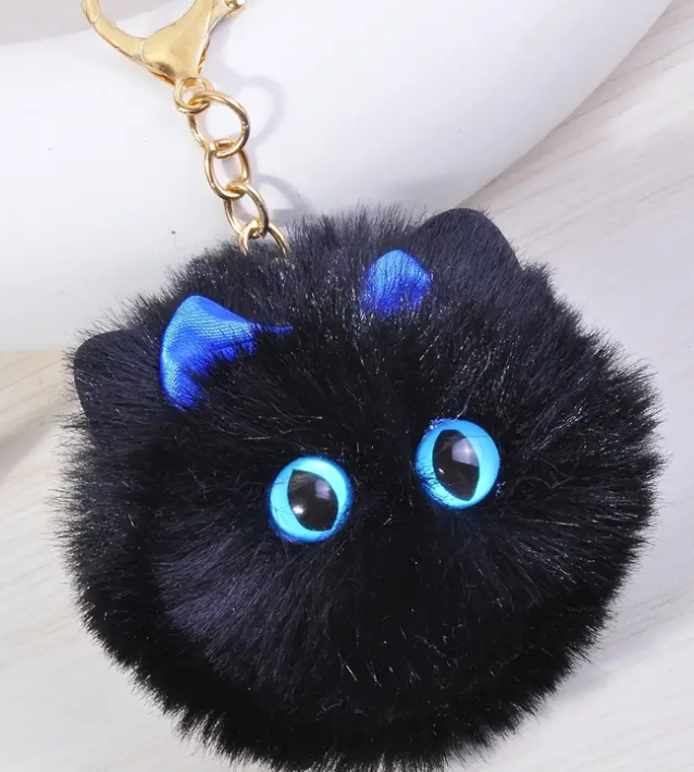 Fluffy Black Cat Keychain