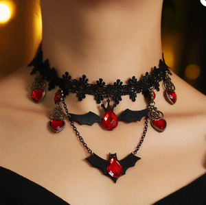 Red Crystal and Leather Bat Necklace