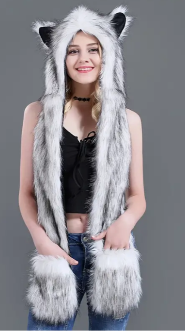 Animal Hood Scarf with Attached Mittens
