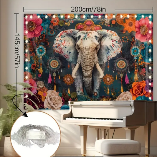 Boho Style Elephant Mandala Flower Background Tapestry