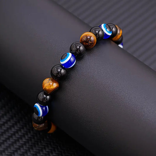 Triple Protection Evil Eye Charm Bracelet – Tiger Eye, Obsidian, and Hematite