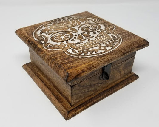 Skull Carved Wooden Box 6x6"