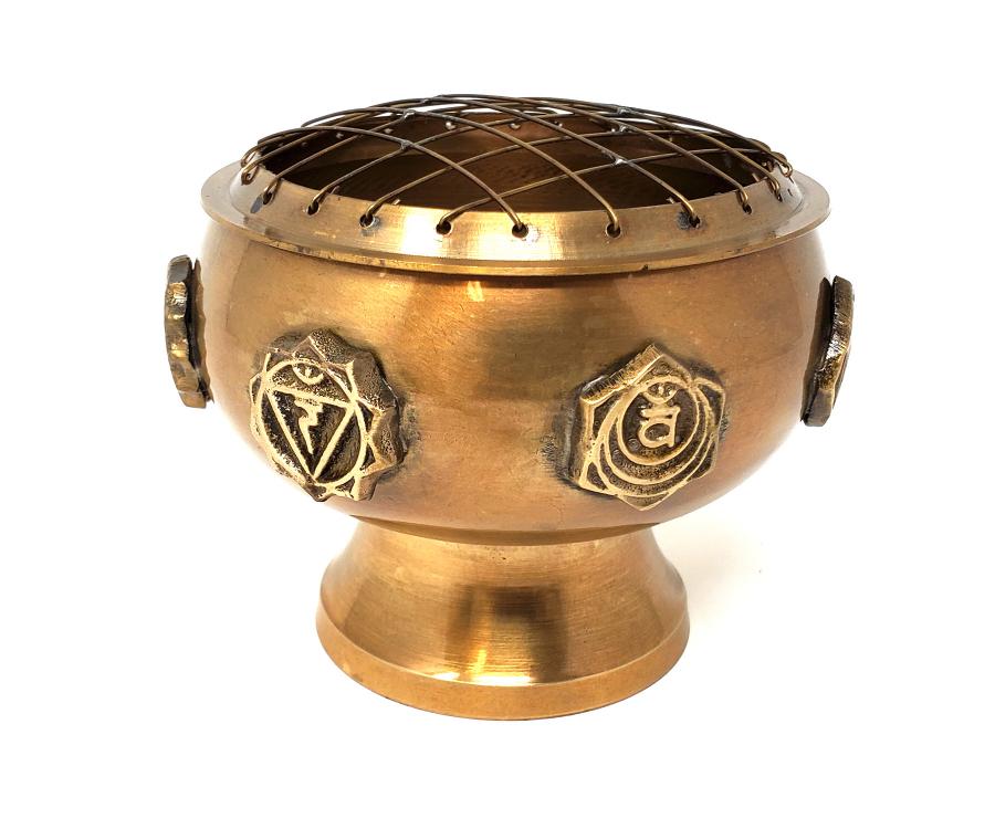 Seven Chakra Solid Brass Screen Charcoal Burner 3"H x 4" Diameter