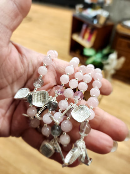 🌸 Rose Quartz, Amethyst, and Fluorite Bracelet with Adjustable Slide Chain ✨