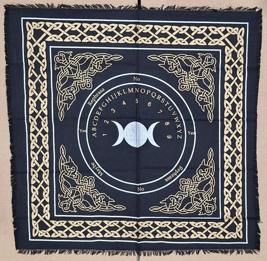 Triple Moon Altar Cloth/ Ouija Board Silver & gold Print on Black 24x24"