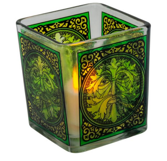 Handcrafted Glass Square Votive Holder - Celtic Green Man