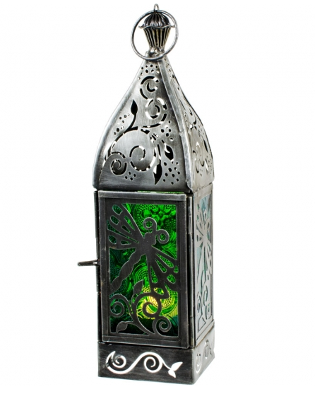 Glass & Metal Lantern Dragonfly Green & Turquoise ( With Stand )