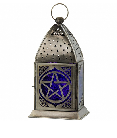 Glass & Metal Lantern Pentacle Cobalt & Purple With Stand
