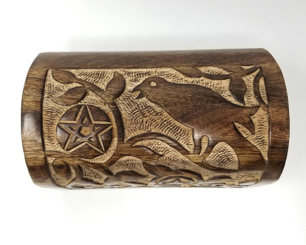 Raven & Pentacle Carved Round Top Wood Box 8"L x 5" W x 4.5"H