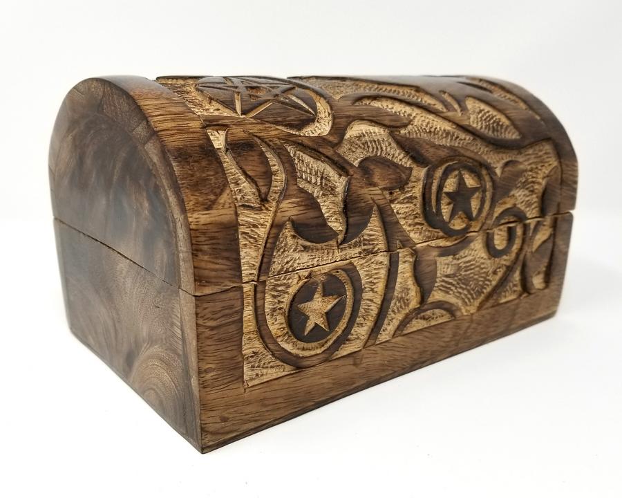Raven & Pentacle Carved Round Top Wood Box 8"L x 5" W x 4.5"H