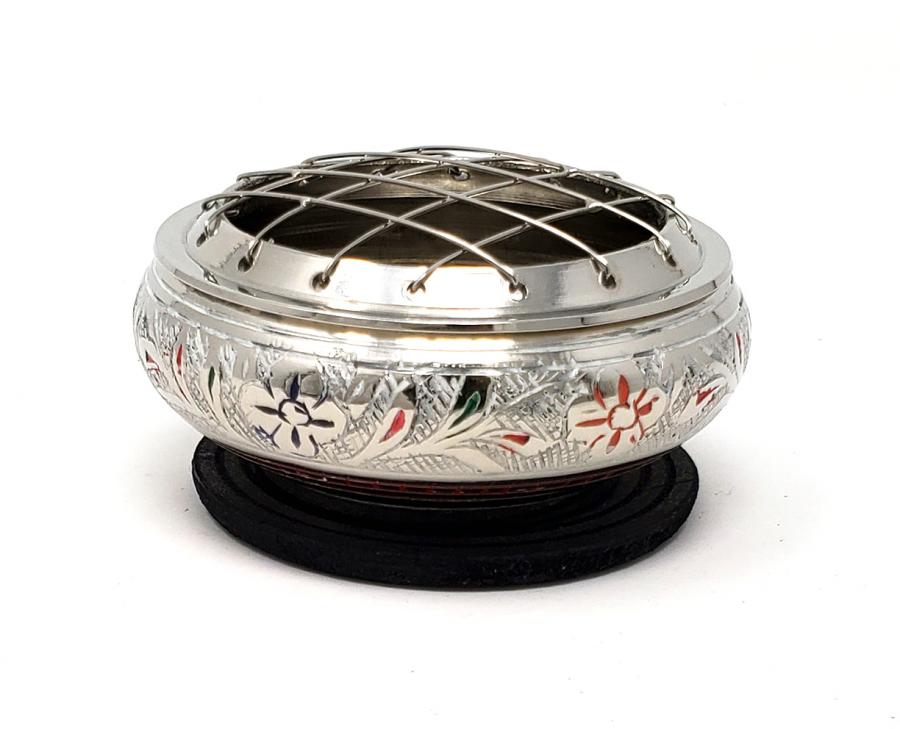 Silver finish colorful engraved Brass Screen Charcoal Burner 2.75"D x 1.75" with wood coaster