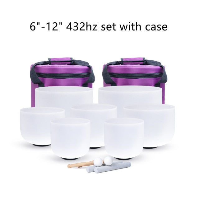 FREE SHIPPING!  6"-12" or 7"-12" inch Chakra Frosted Quartz Crystal Singing Bowl Set of 7pcs CDEFGAB with Case
