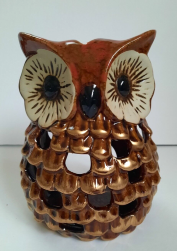 Owl Luminary Candle Holder Lantern Light Great Horned Barn Brown Ceramic 7" x 5"