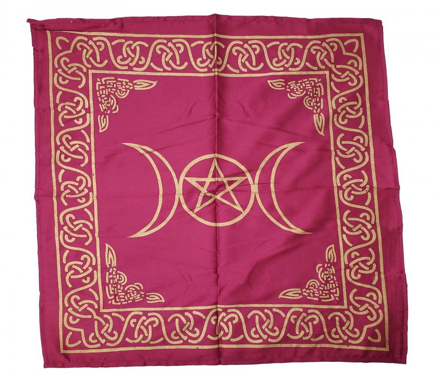 Triple Moon with Pentagram Altar Cloth Golden print on Magenta Pink 21x21"